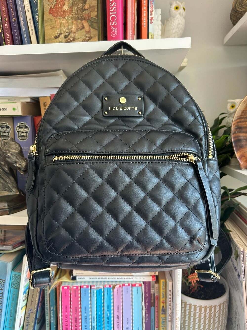Liz Claiborne Black Quilted Mini Backpack with Gold-Tone Hardware